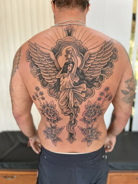 angel linework spiritual deity black grey heavy shading full fullback full back tattoo canggu bali
