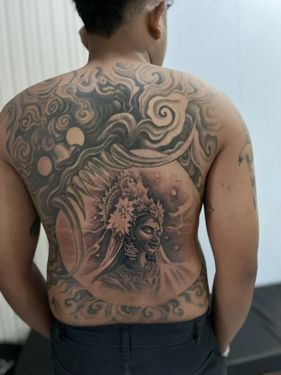 deity heavy shading sun cloud moon black grey full fullback full back tattoo canggu bali