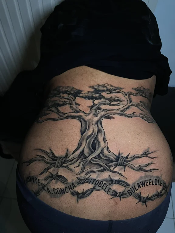 man black grey gothic heavy shading linework fine line full fullback full back tattoo canggu bali