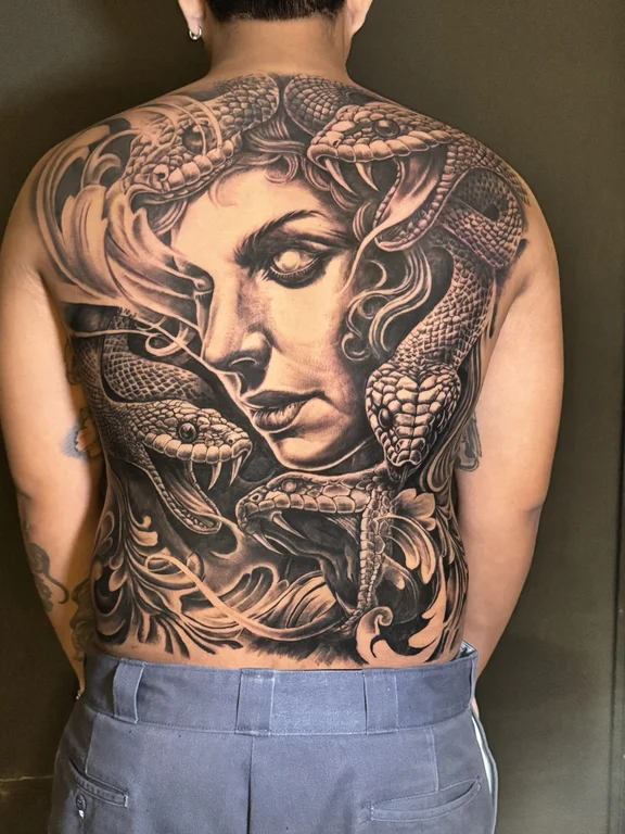 woman black grey smoke koi heavy shading linework full fullback full back tattoo canggu bali