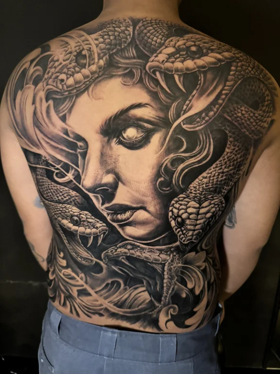 woman black grey smoke koi snake dragon full fullback full back tattoo canggu bali