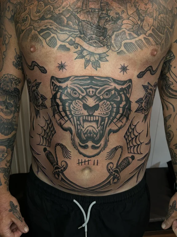 tiger heavy shading dark black grey linework demon full fullfront full front tattoo canggu bali