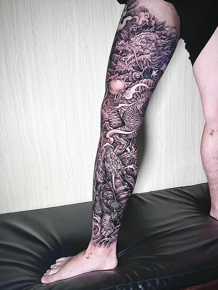 dragon leg fullleg tattoo shading blackwork japanese mythology elegant full full leg tattoo canggu bali
