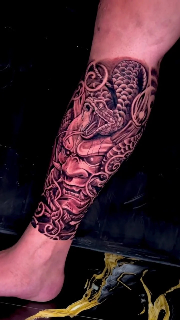 dragon oni mask full leg big tattoo tattoo canggu bali