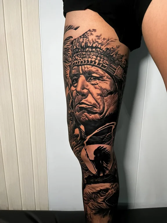 man black grey smoke heavy shading deity linework full fullleg full leg tattoo canggu bali
