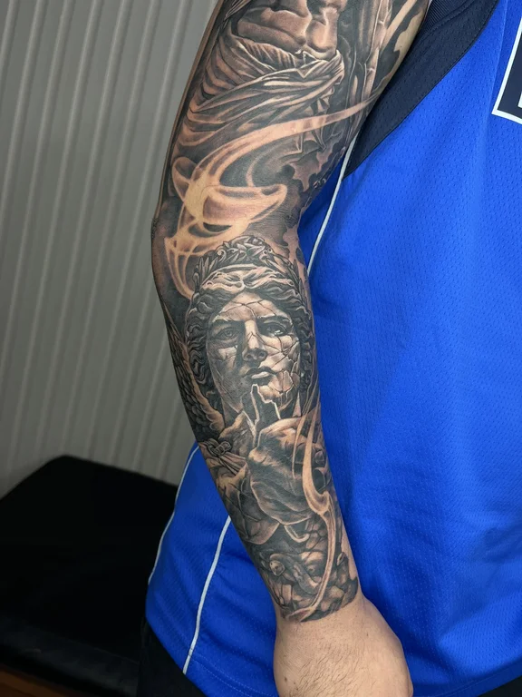 angel black grey fire man deity heavy shading full fullsleeve full sleeve tattoo canggu bali