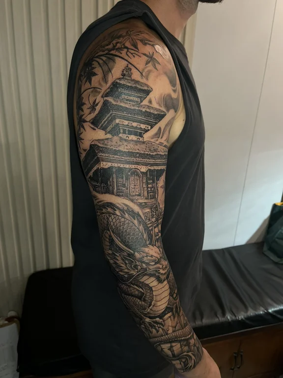 buddha heavy shading elegant black grey linework spiritual full full sleeve fullsleeve tattoo canggu bali