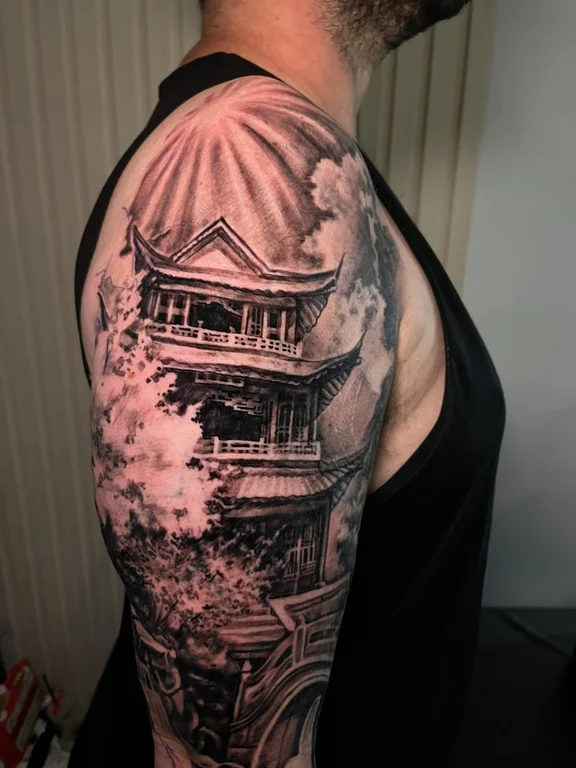 deity heavy shading cloud soft shading black grey spiritual full fullsleeve full sleeve tattoo canggu bali