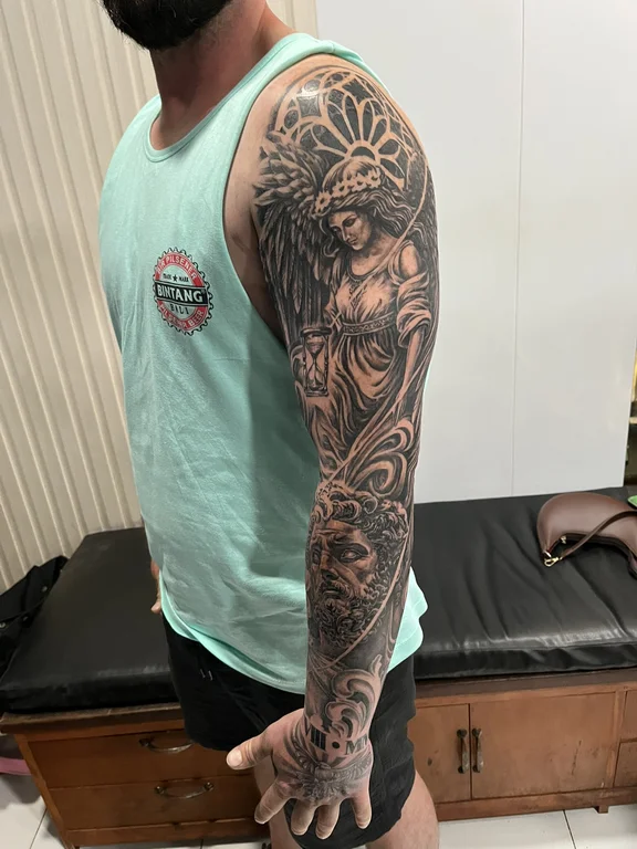 deity linework cloud heavy shading man black grey full fullsleeve full sleeve tattoo canggu bali