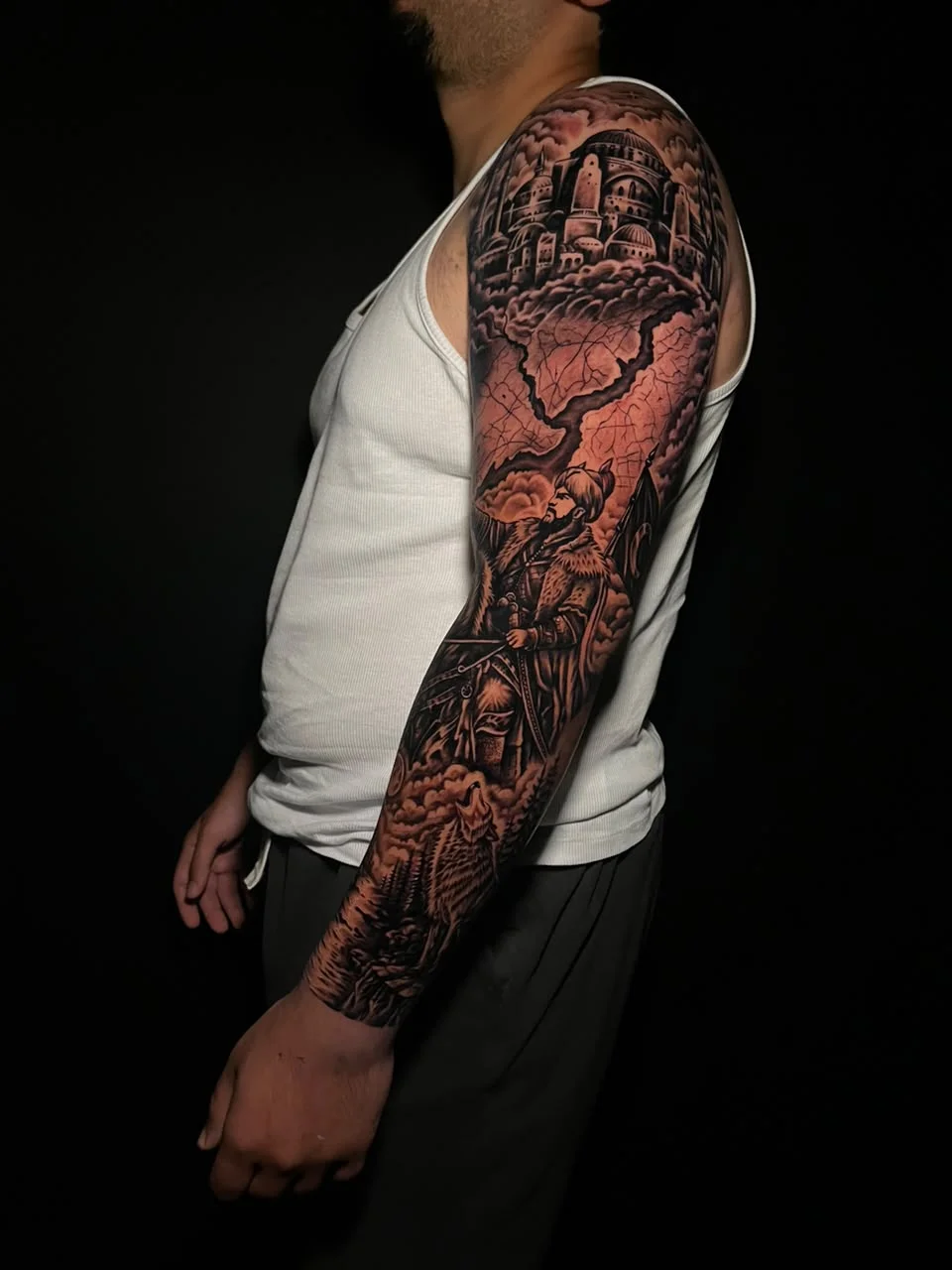 man hand arabic full sleeve full black big tattoo canggu bali