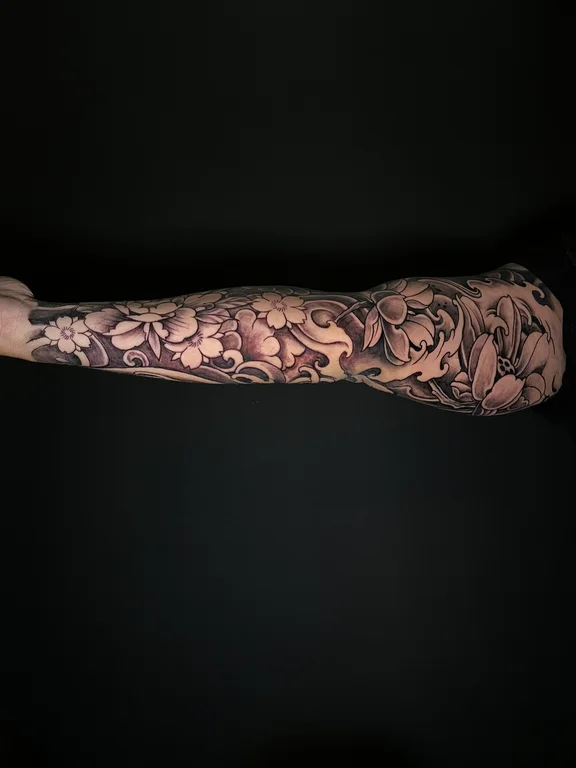 peony linework elegant heavy shading soft shading dark full fullsleeve full sleeve tattoo canggu bali