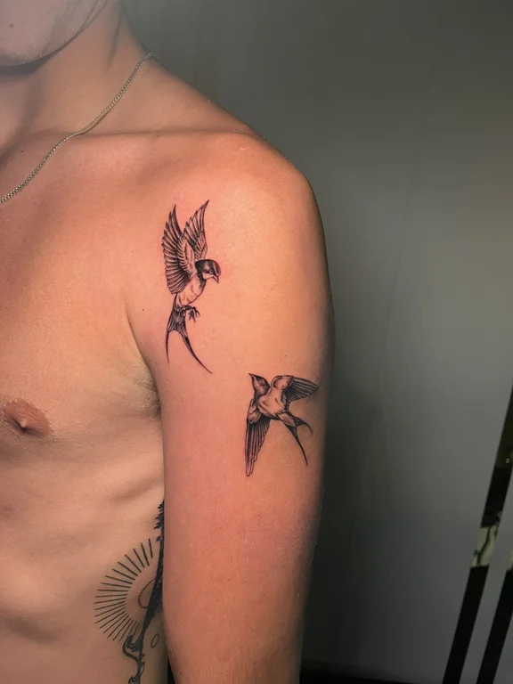 animal blackwork phoenix linework elegant soft shading black grey dotwork tattoo Canggu Bali