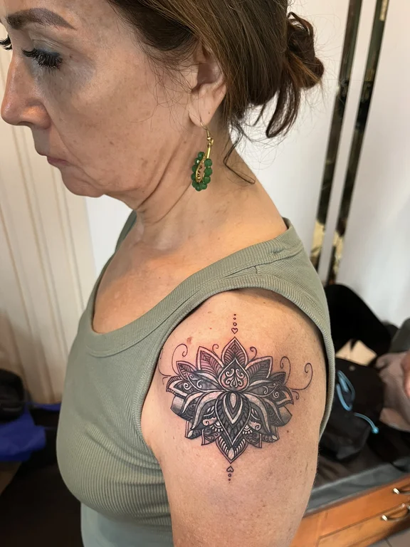 floral blackwork lotus dotwork leaf peony linework soft shading tattoo Canggu Bali