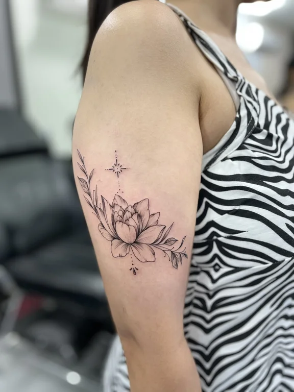 floral blackwork lotus linework elegant peony soft shading fine line tattoo Canggu Bali