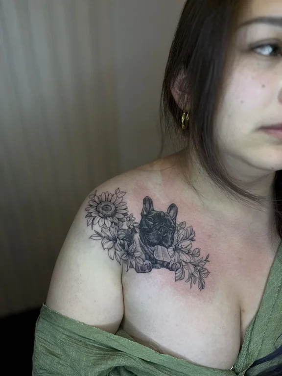 floral blackwork peony black grey cloud soft shading woman linework tattoo Canggu Bali