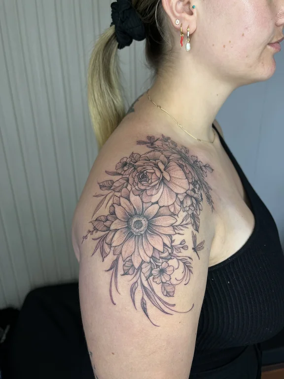 floral blackwork peony dotwork elegant black grey linework soft shading tattoo Canggu Bali