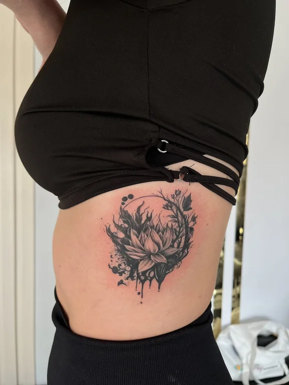 floral blackwork peony linework elegant black grey lotus soft shading tattoo Canggu Bali