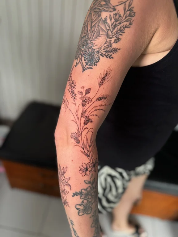 floral blackwork peony linework elegant soft shading dotwork mystical tattoo Canggu Bali