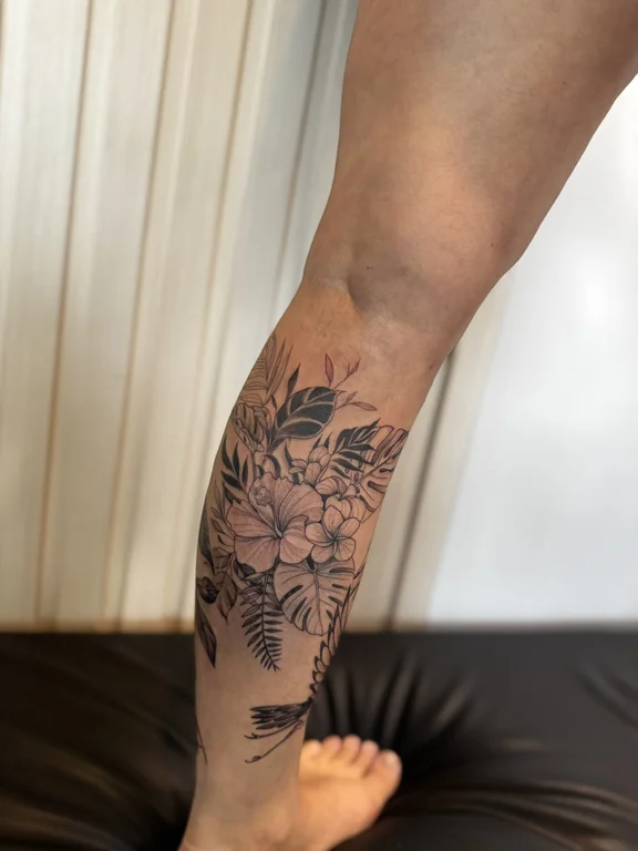 floral blackwork peony soft shading elegant black grey linework heavy shading tattoo Canggu Bali