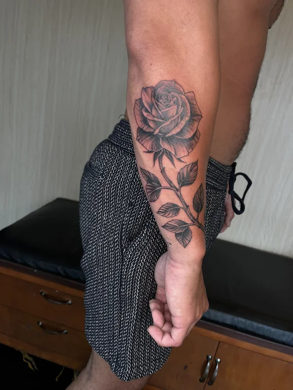 floral blackwork rose black grey elegant soft shading dotwork heavy shading tattoo Canggu Bali