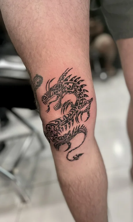 mythology blackwork dragon heavy shading elegant snake dotwork linework tattoo Canggu Bali