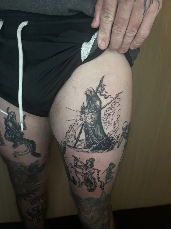 mythology blackwork woman black grey gothic linework heavy shading dotwork tattoo Canggu Bali