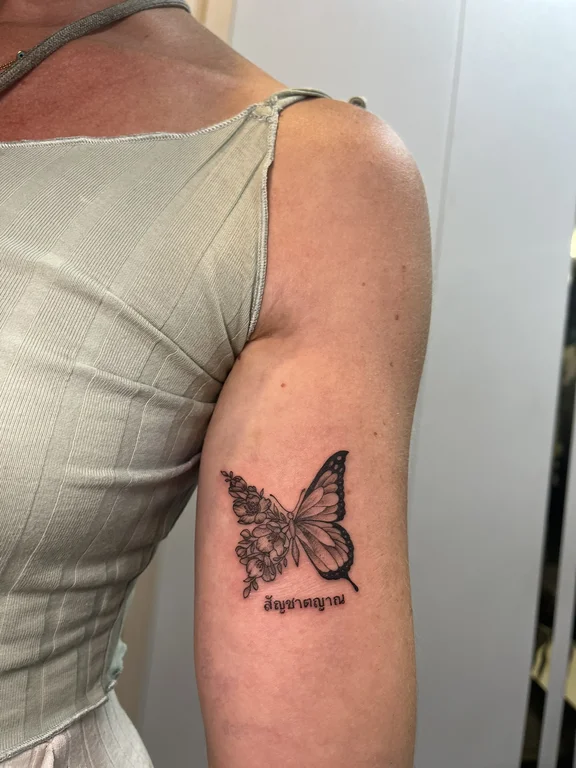 symbol blackwork butterfly soft shading elegant black grey dotwork linework tattoo Canggu Bali