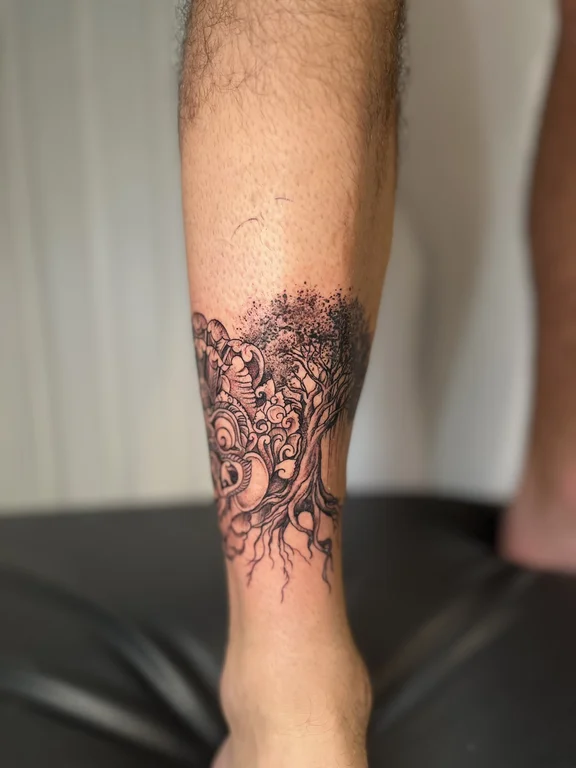 nature blackwork lion linework flower dotwork black grey soft shading tattoo Canggu Bali