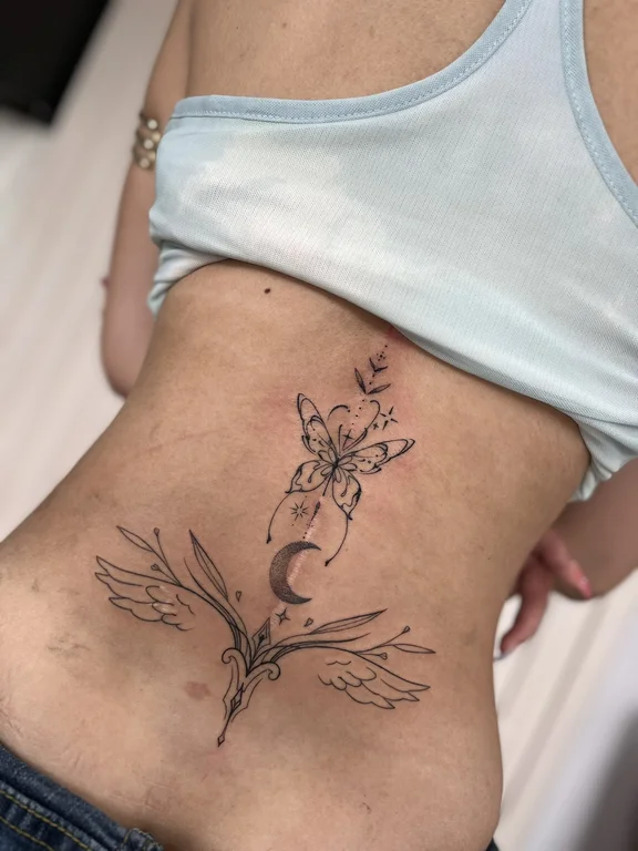 nature blackwork lotus linework moon elegant mystical fine line tattoo Canggu Bali