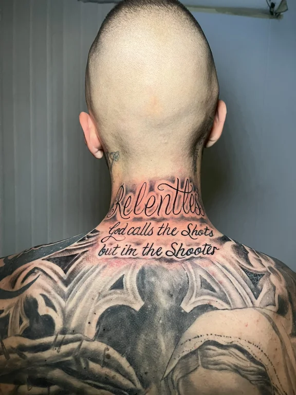 lettering chicano man bold line elegant black grey soft shading heavy shading tattoo Canggu Bali