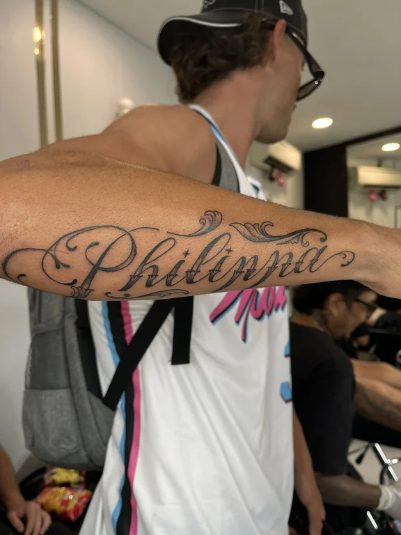 lettering chicano man bold line elegant dotwork soft shading black grey tattoo Canggu Bali
