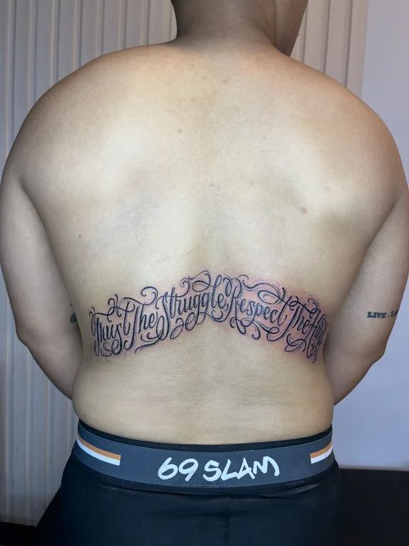 lettering chicano man heavy shading cloud bold line black grey soft shading tattoo Canggu Bali