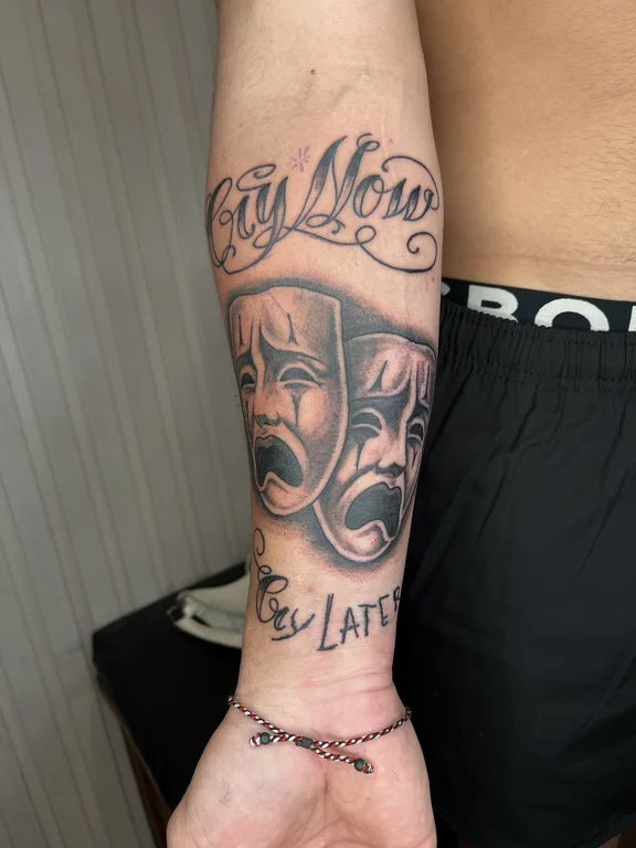 portrait chicano man black grey moon mask heavy shading soft shading tattoo Canggu Bali