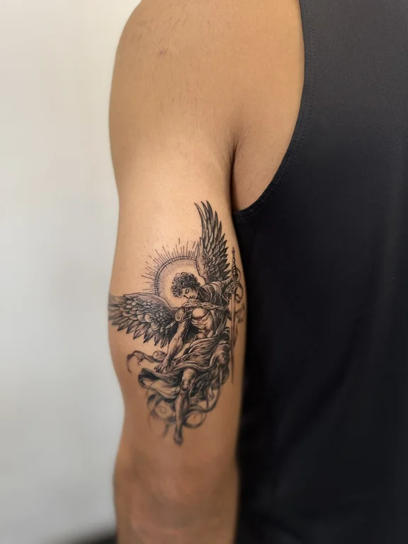 mythology dotwork phoenix black grey elegant linework angel soft shading tattoo Canggu Bali