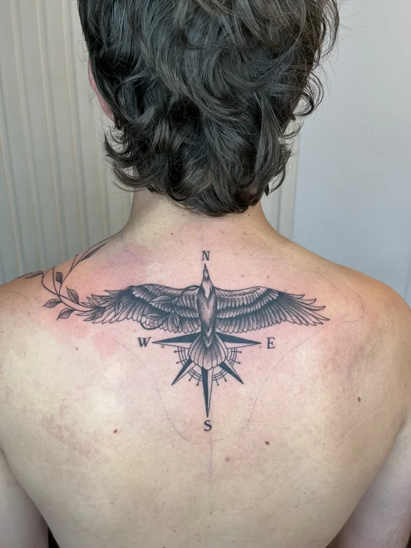 mythology dotwork phoenix linework elegant black grey soft shading angel tattoo Canggu Bali