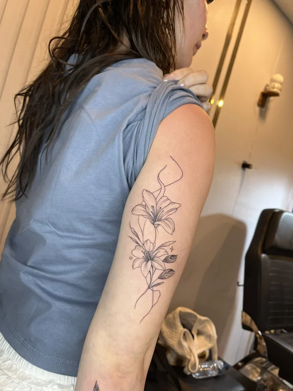 floral fine line peony linework elegant soft shading minimal dotwork tattoo Canggu Bali