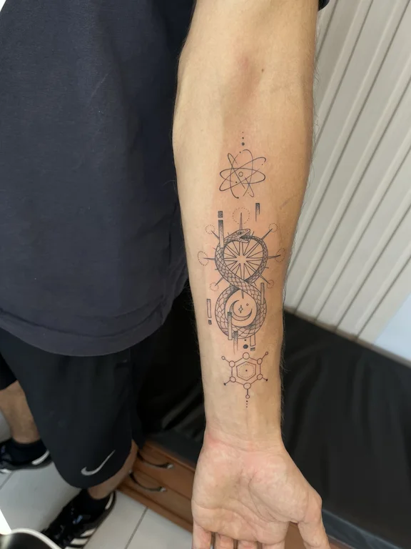 abstract fine line man linework elegant dotwork sacred geometry soft shading tattoo Canggu Bali