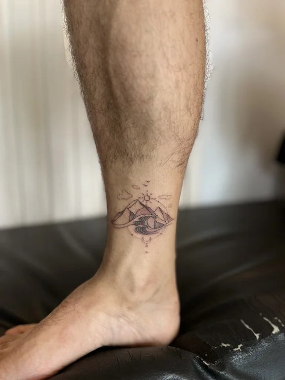 abstract fine line eye dotwork minimal soft shading sun linework tattoo Canggu Bali