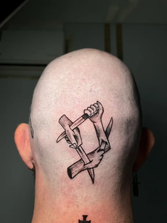 religious fine line man bold line minimal heavy shading linework cloud tattoo Canggu Bali