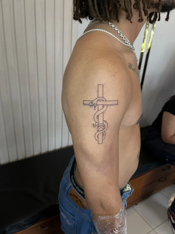 religious fine line man bold line spiritual linework thin line cloud tattoo Canggu Bali