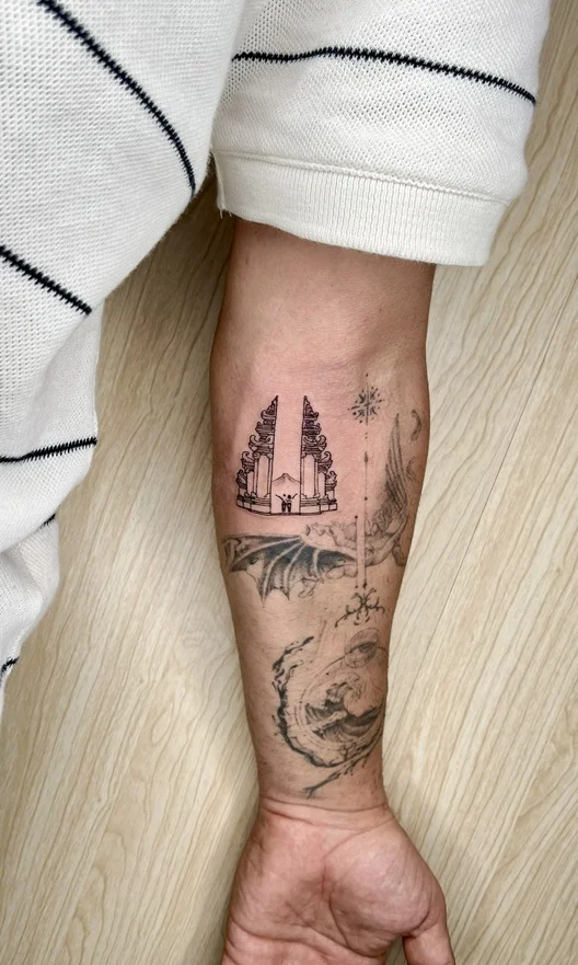 man hand temple religious fine line linework line fineline tattoo canggu bali