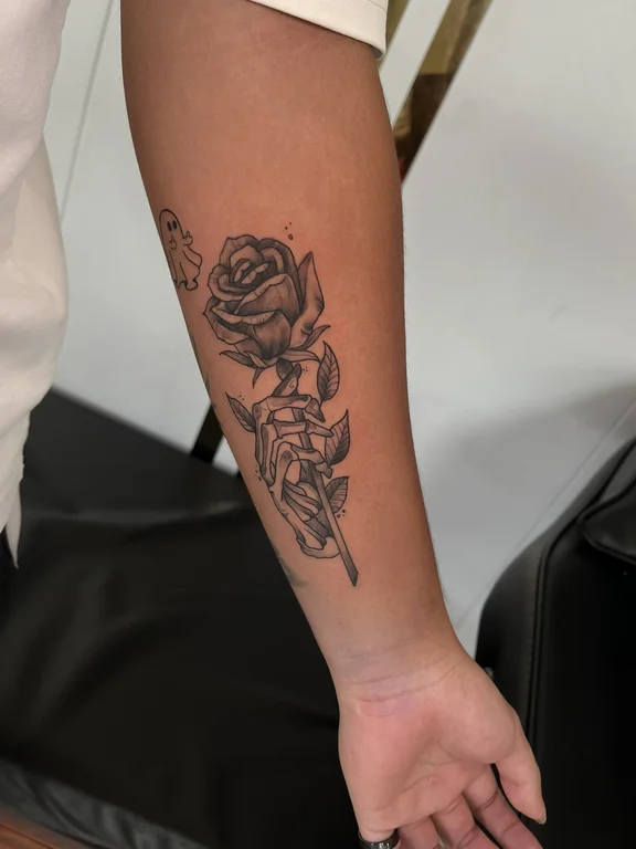 floral illustrative rose linework elegant soft shading black grey fine line tattoo Canggu Bali