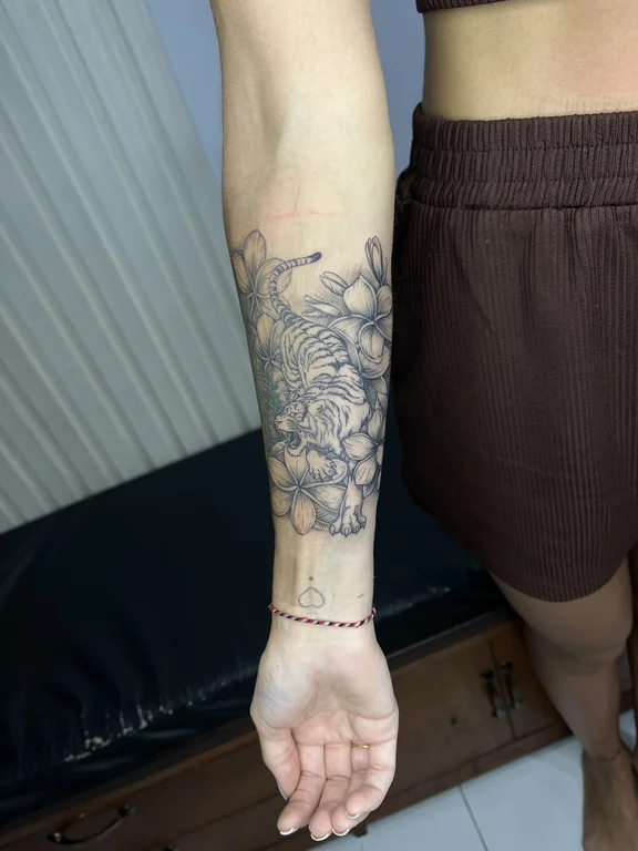 floral japanese peony linework elegant dotwork soft shading fine line tattoo Canggu Bali