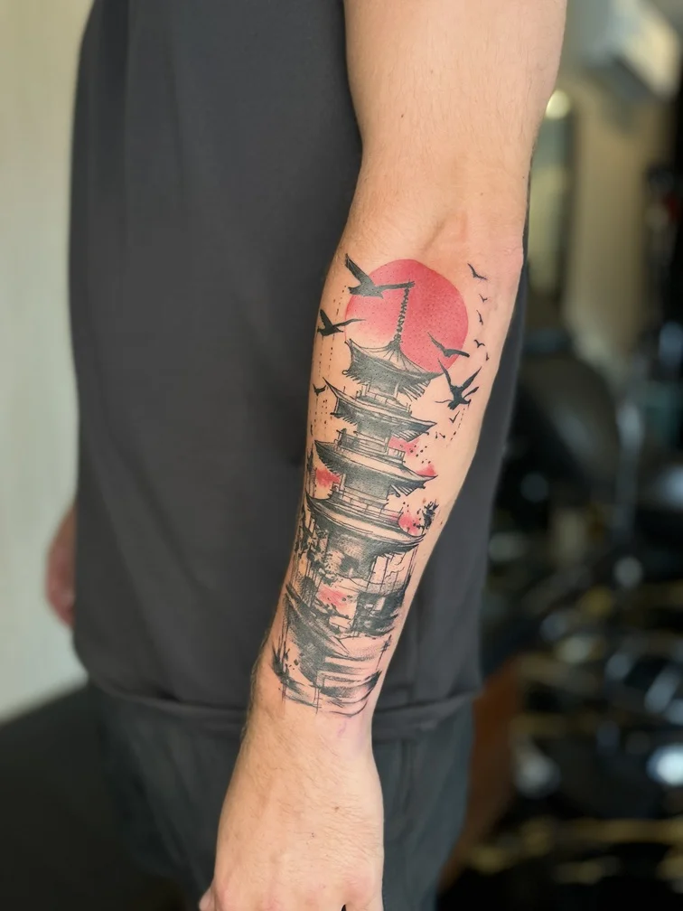 Japanese red-sun tattoo artwork by Bagus Tattoo Studio