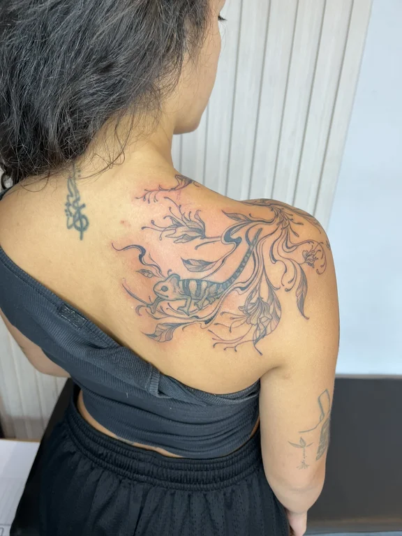 mythology balinese dragon linework elegant woman koi cloud tattoo Canggu Bali
