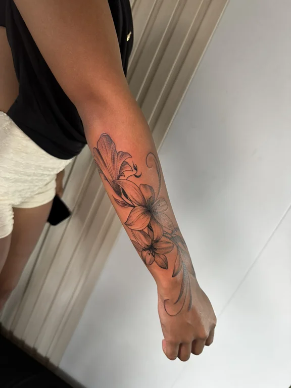 floral linework peony soft shading elegant mystical fine line spiritual tattoo Canggu Bali