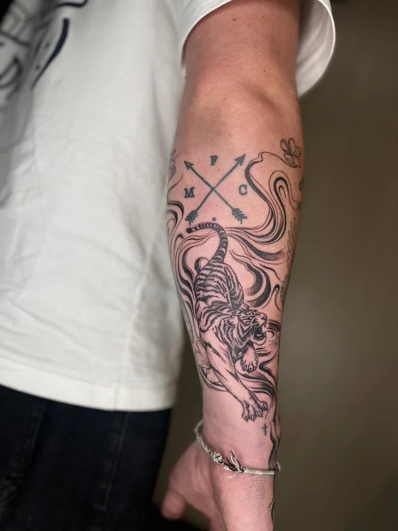 mythology linework deity dotwork elegant heavy shading wave soft shading tattoo Canggu Bali