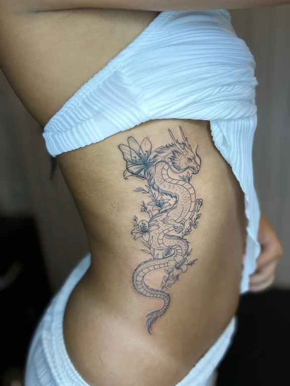 dragon linework elegant snake fine line tattoo canggu bali