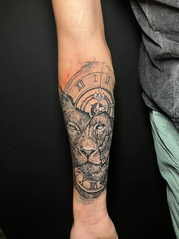 mythology linework lion black grey moon heavy shading man dotwork tattoo Canggu Bali