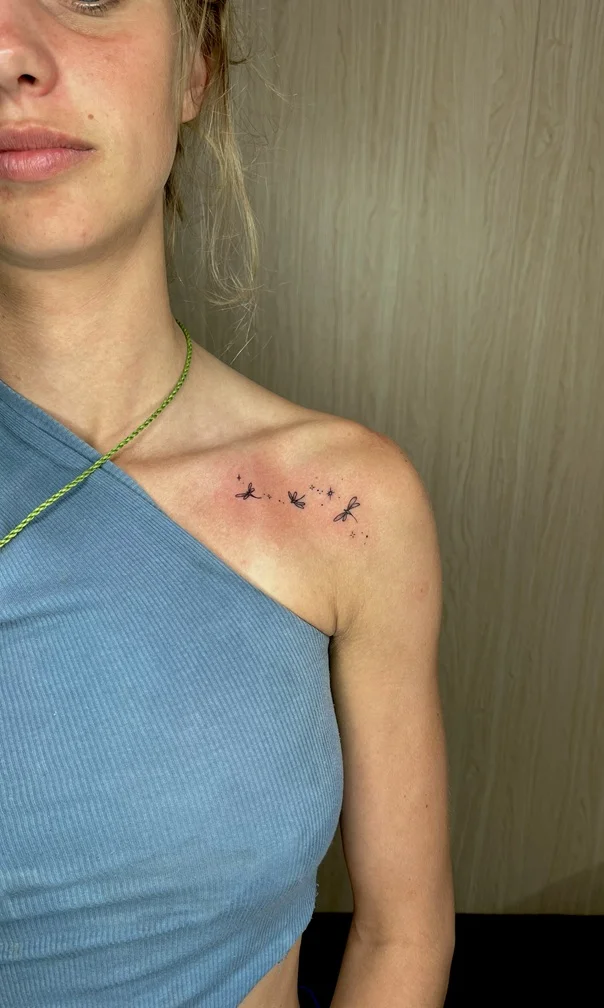 dragonfly woman shoulder minimalist animal fine line linework line tattoo canggu bali